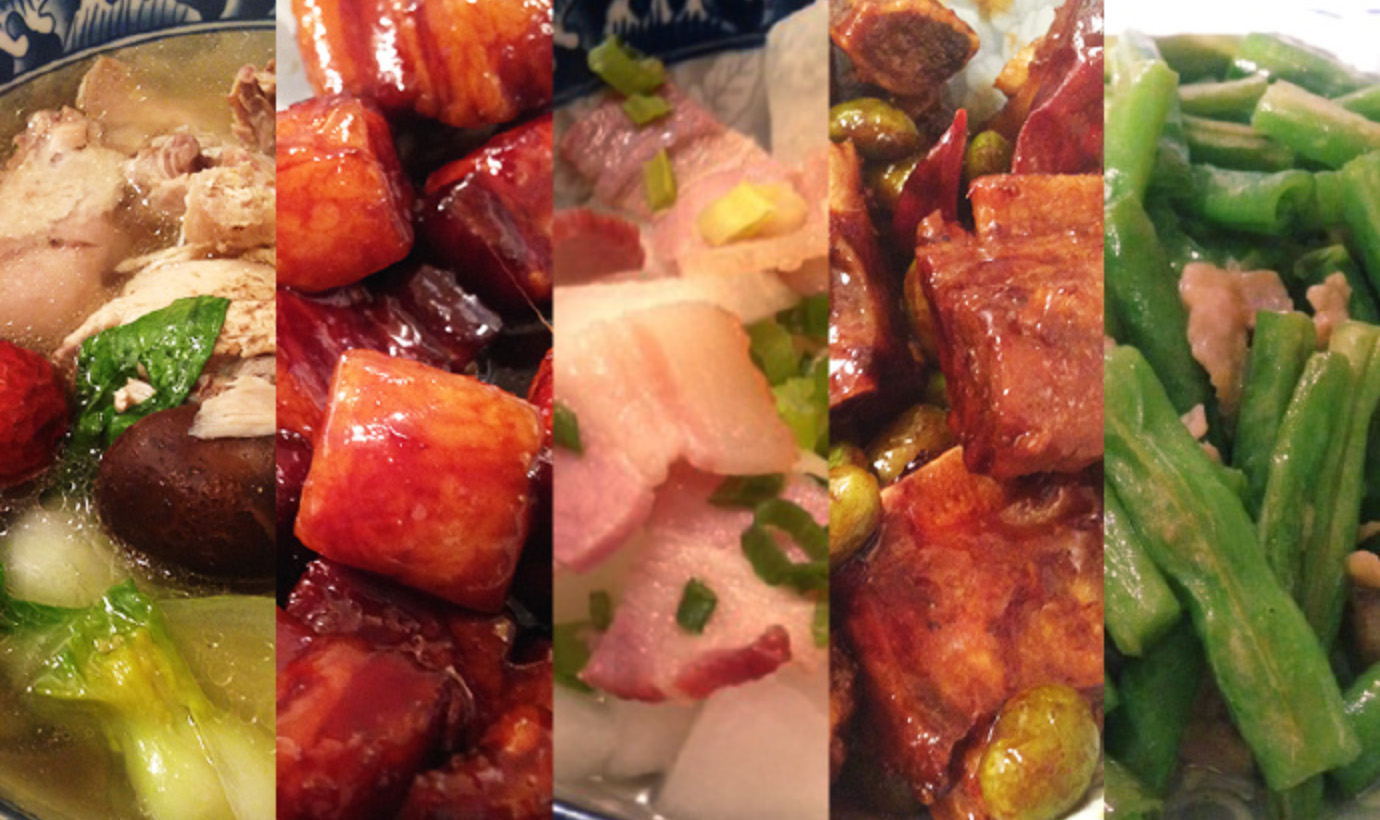 左起:鸡汤|红烧肉|咸肉冬瓜|毛豆仔排|四季豆